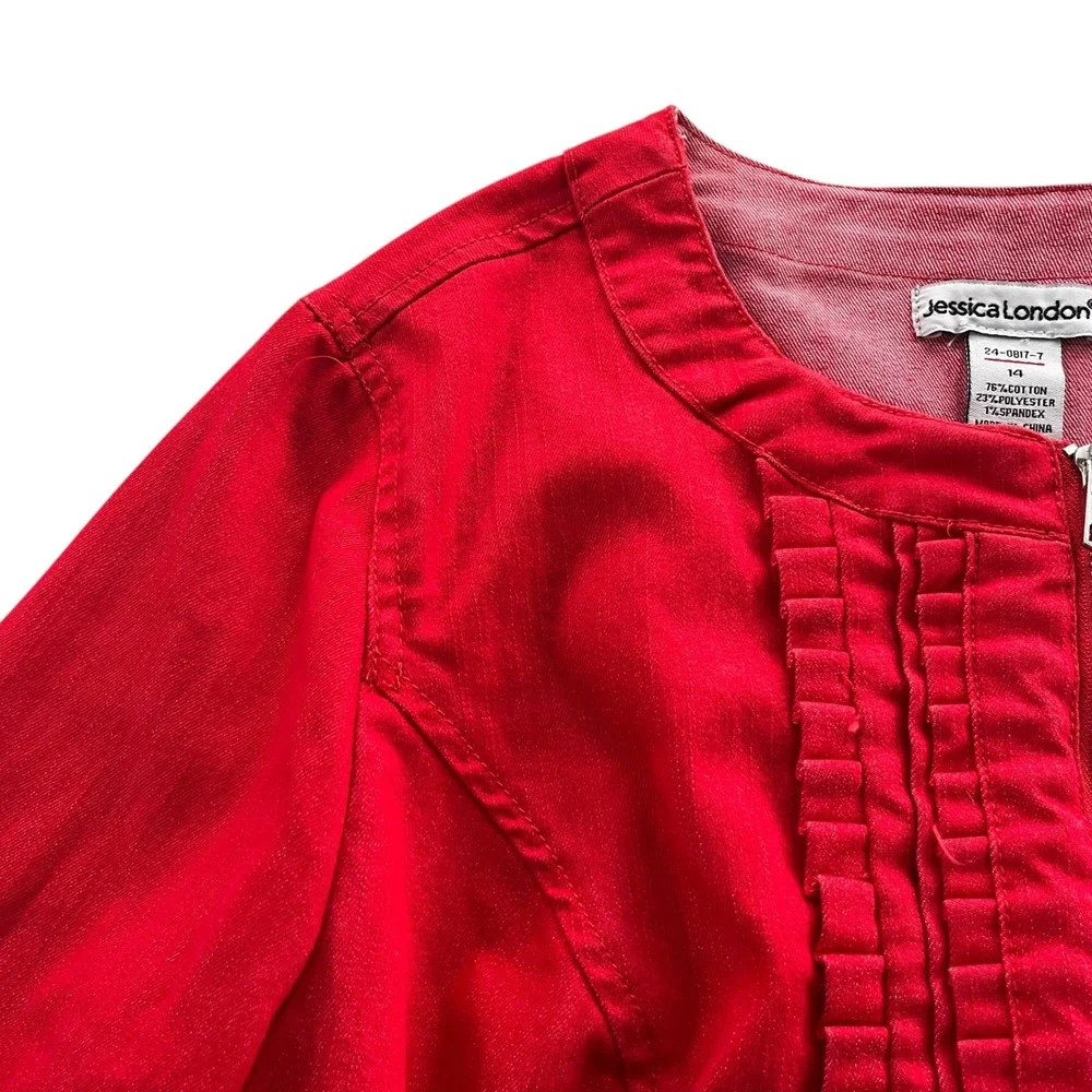 Jessica London Women 14 Red Denim Cotton Blend Full Zip Ruffle Front Jean Jacket
